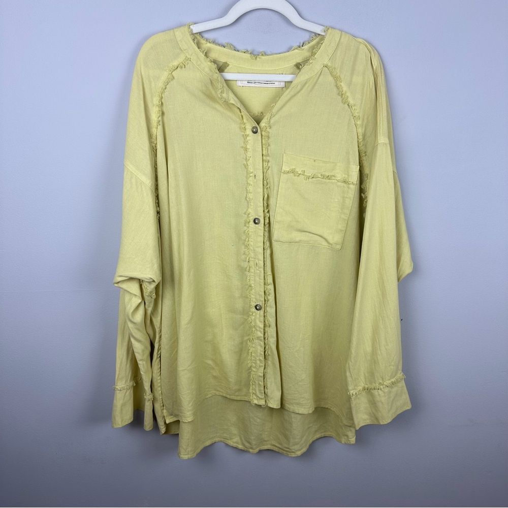 Free People Keep It Simple Button Down Shirt Frayed Edges Yellow/Green  size M